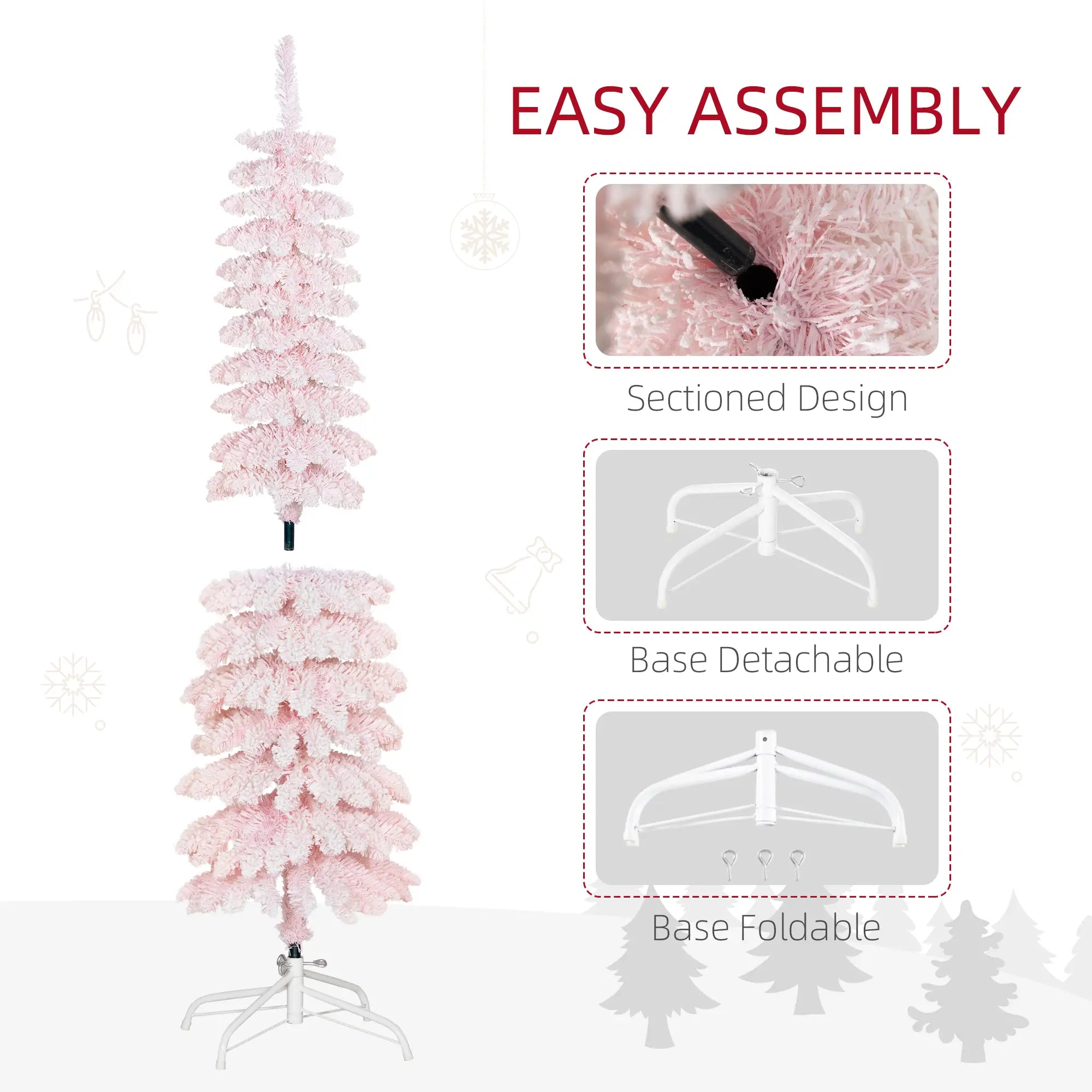 5ft Snow-Flocked Slim Pencil Christmas Tree, 301 Branches, Metal Base, Pink Pencil Christmas Trees at Gallery Canada