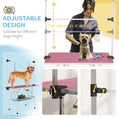Adjustable Dog Grooming Table, 2 Safety Slings, Storage Basket, Pink Dog Grooming Tables at Gallery Canada