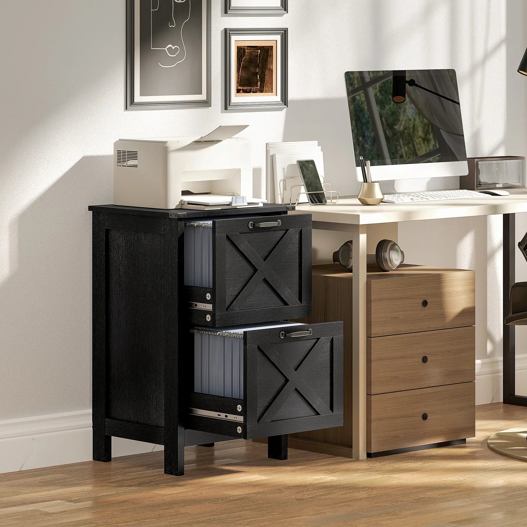 Vertical 2-Drawer Filing Cabinet, Rustic Farmhouse, A4 Letter Size, Distressed Black, Black Office Cabinets & Cupboards at Gallery Canada