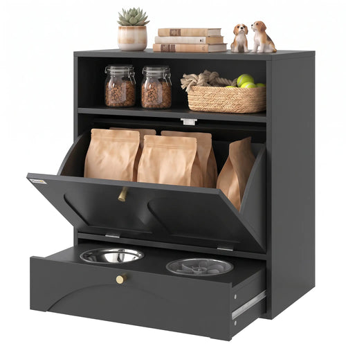 Dog Feeding Station, Food Storage Cabinet, 2 Elevated Bowls, Black