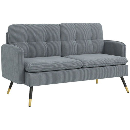 55" Loveseat Sofa, Corduroy, Steel Legs, Button Tufting, Dark Grey