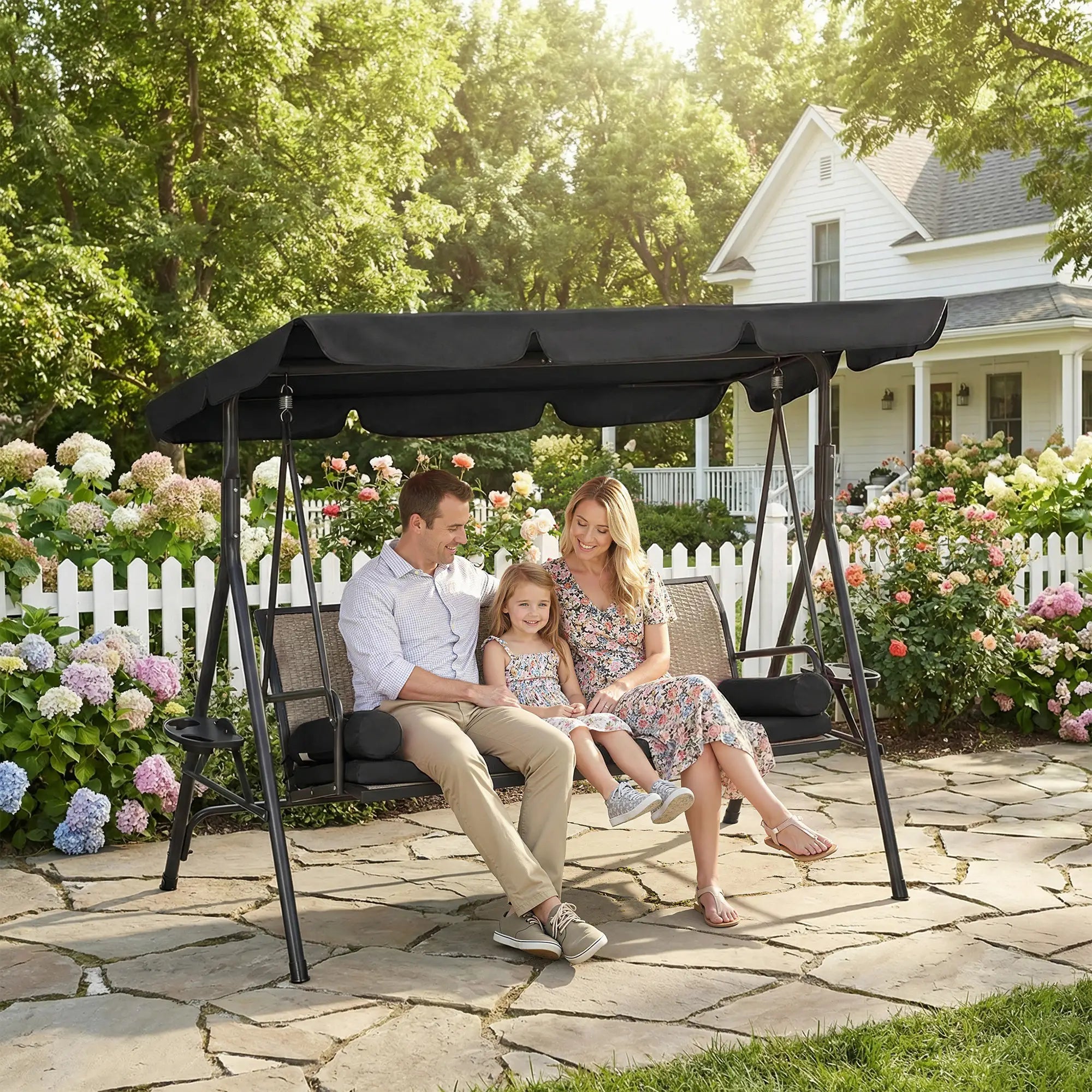 Outdoor 3-Seat Porch Swing, Rattan Seat, Removable Cushion Patio Swings with Stand at Gallery Canada