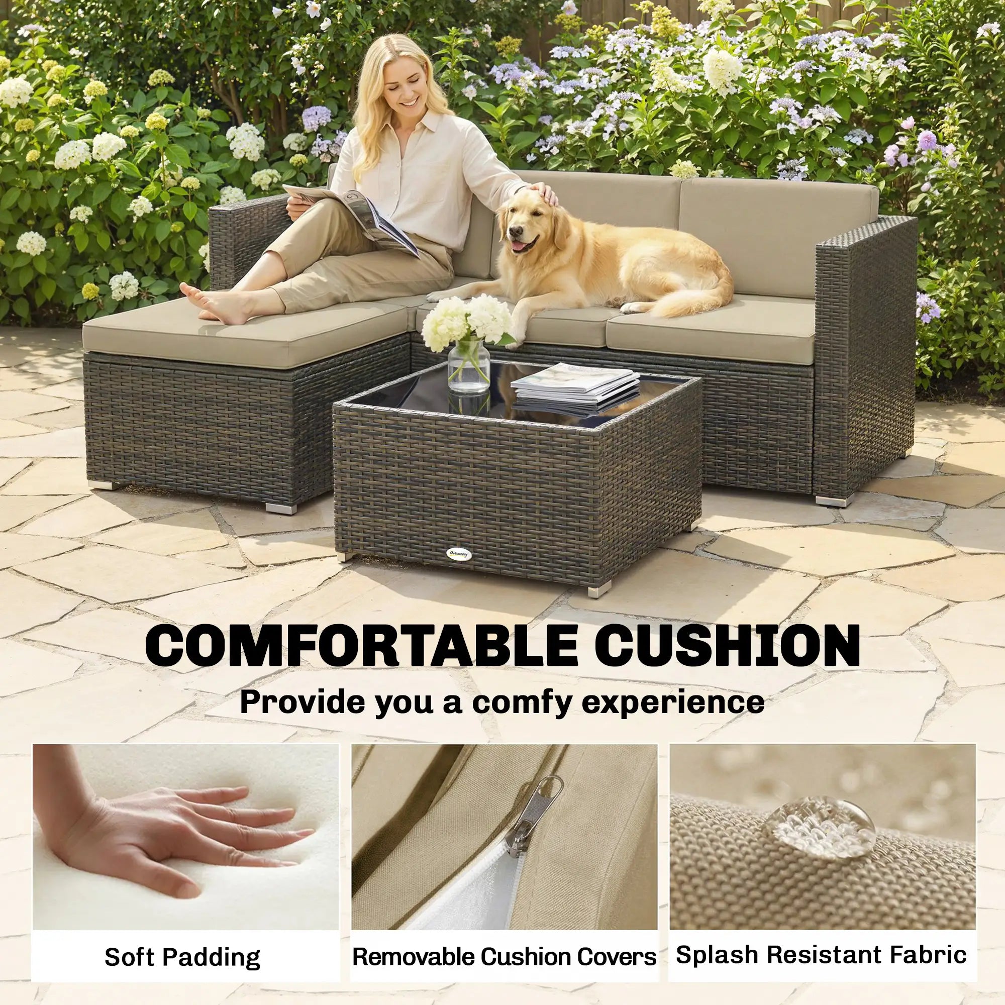 3-Piece Patio Furniture Set, Outdoor PE Rattan Sofa, Khaki Patio Furniture Sets at Gallery Canada