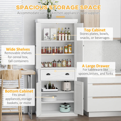 72.5" Kitchen Pantry Cabinet, 4 Doors, Drawer, Adjustable Shelves, White Kitchen Pantry Cabinets at Gallery Canada
