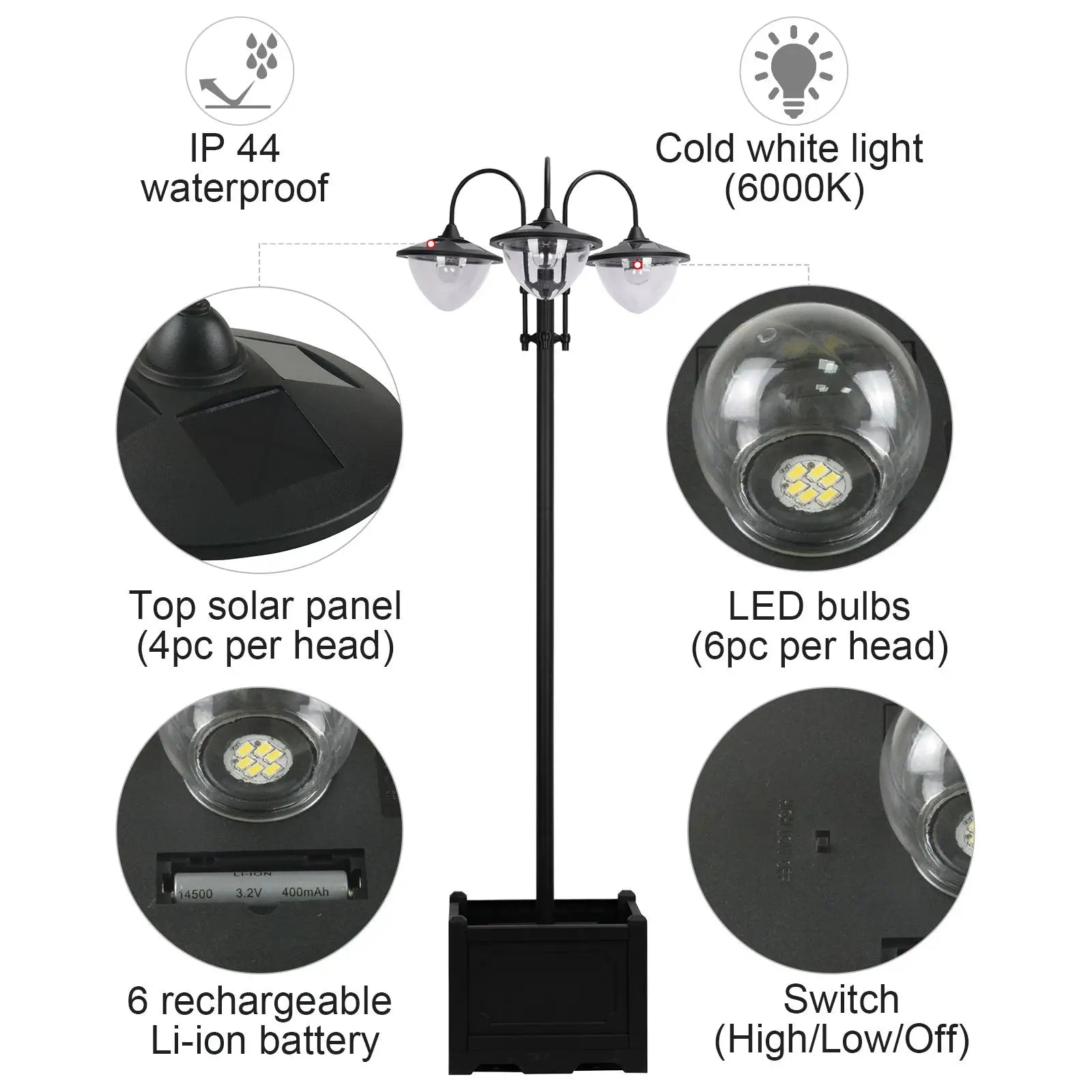 3-Head LED Solar Light, Street Light Post with Planter, Black Solar Post Lamps at Gallery Canada