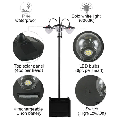 3-Head LED Solar Light, Street Light Post with Planter, Black Solar Post Lamps at Gallery Canada