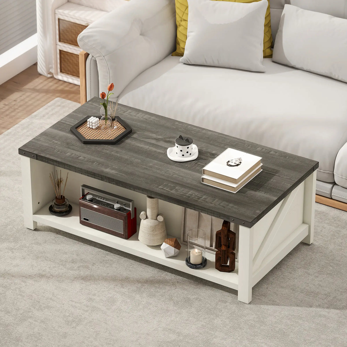 Farmhouse Coffee Table with Drawer, Open Shelf, Distressed White Coffee Tables at Gallery Canada
