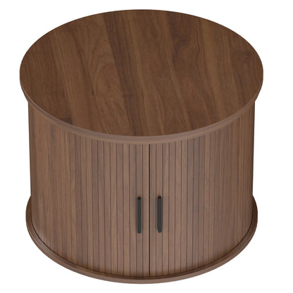 Table basse ronde avec plateau relevable, rangement cannelé, brun noyer, brun noyer