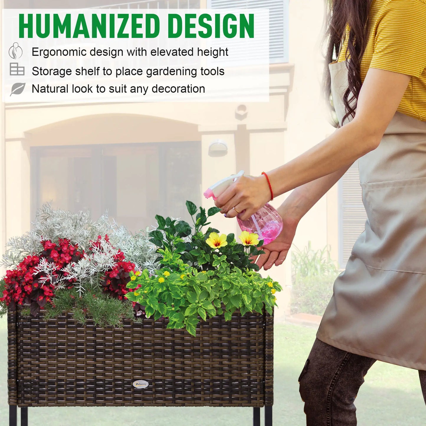 Rattan Raised Garden Box, Elevated Flower Bed with Shelf, Brown Plant Stands at Gallery Canada