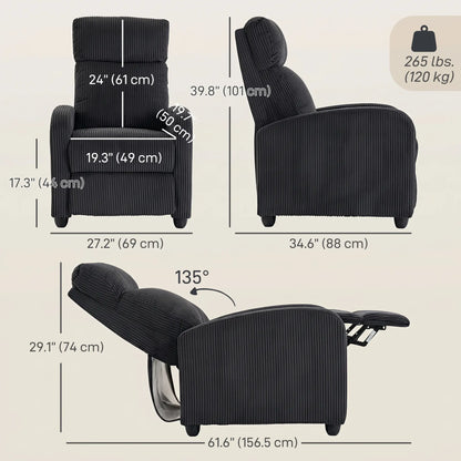 Corduroy Push Back Recliner Chair, Padded Seat, Black