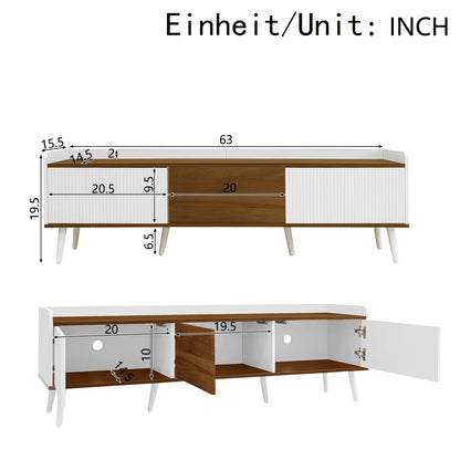 Three Door Stand, Sturdy Wooden Legs, 63" L x 15.5" W x 19.5" H, Natural, White TV Stands at Gallery Canada