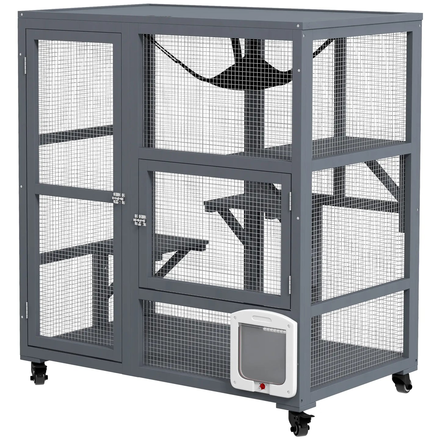 Wooden Cat Condo on Wheels, Cat Flap Door, Hammock, Light Grey Outdoor Cat Enclosures Light Grey at Gallery Canada