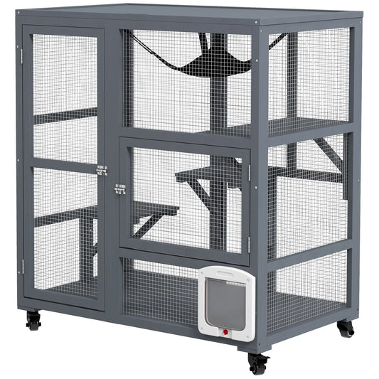 Wooden Cat Condo on Wheels, Cat Flap Door, Hammock, Light Grey Outdoor Cat Enclosures Light Grey at Gallery Canada