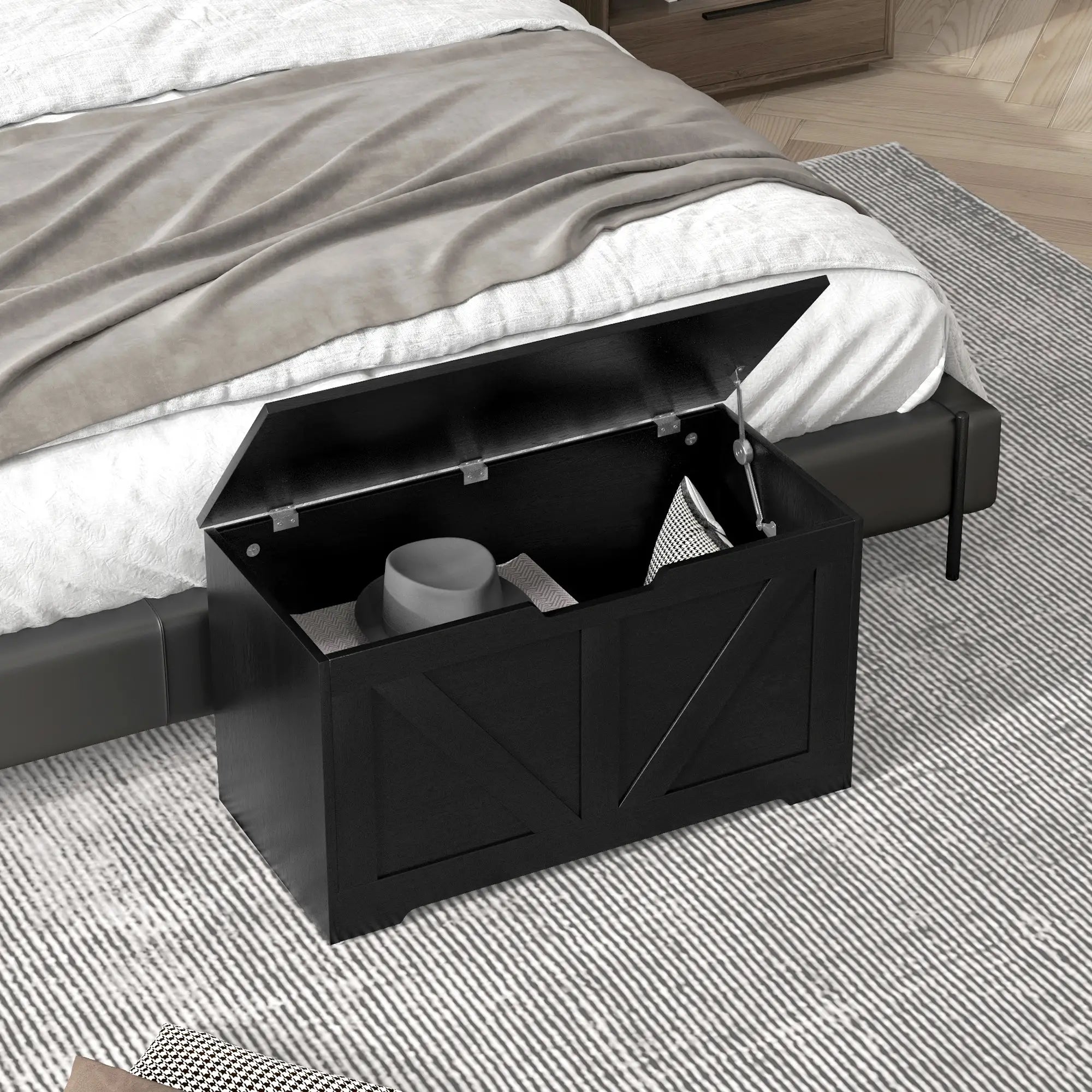 31.5 Inches Storage Chest, Wooden Box with Safety Hinges, Wood Grain, Black Storage Cabinets at Gallery Canada