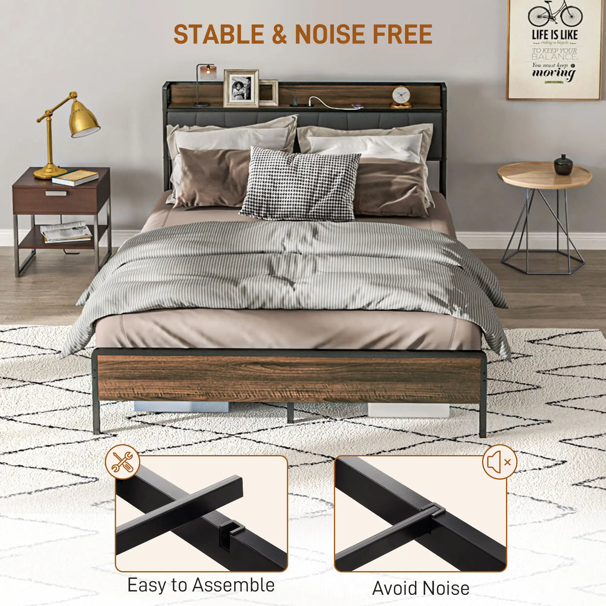 Full Size Bed Frame with Charging Station, Upholstered Headboard, Storage Shelf, Walnut Bed Frames at Gallery Canada