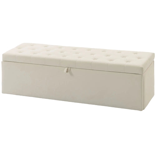 Upholstered Velvet Storage Ottoman Bench, Button Tufted, Beige