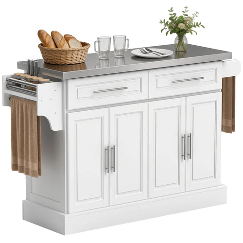 Rolling Kitchen Island with Storage, Stainless Steel Top, Drawers, Cabinets