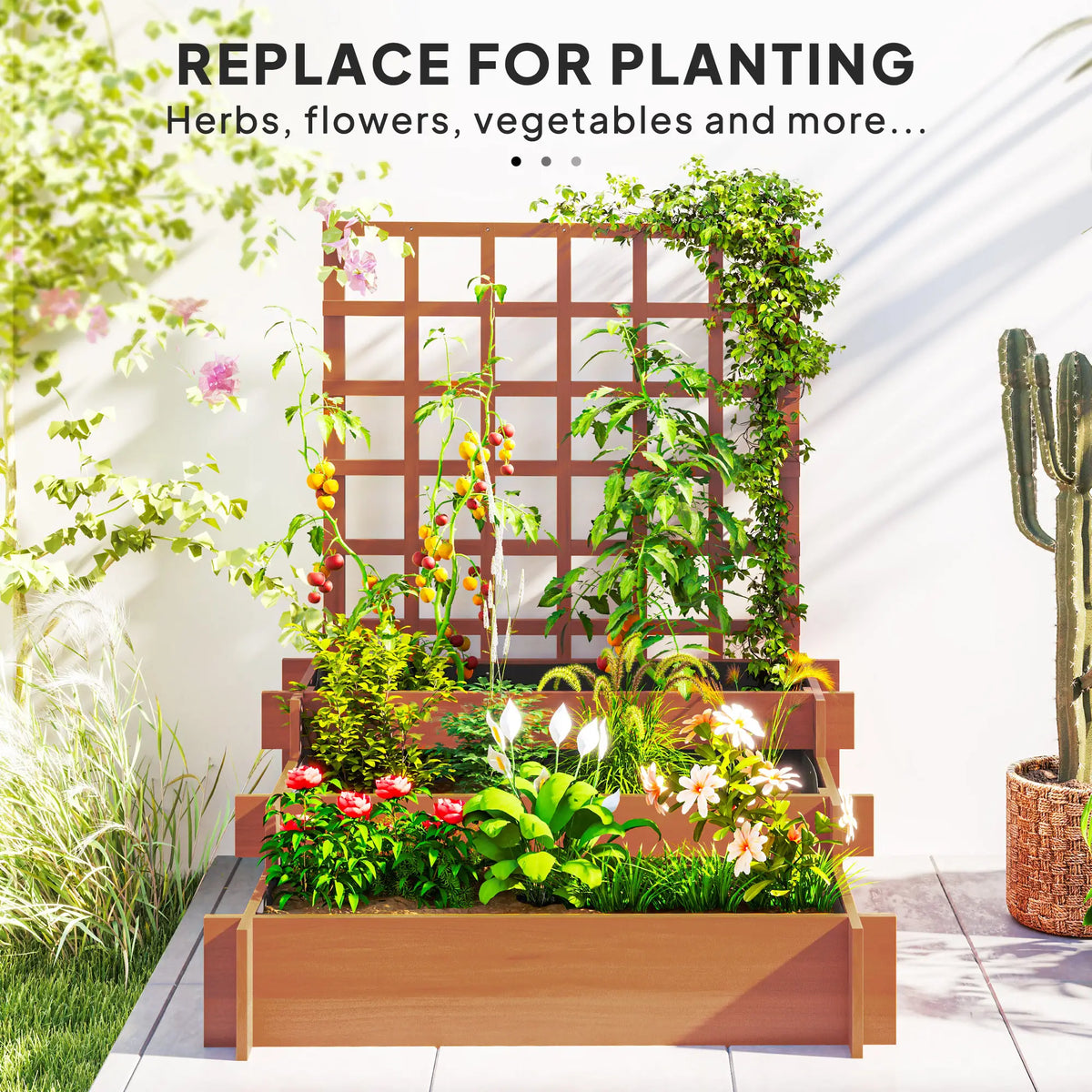 Wooden Elevated Planter Box with Trellis, 3 Tier Raised Garden Bed, Brown Raised Garden Beds at Gallery Canada