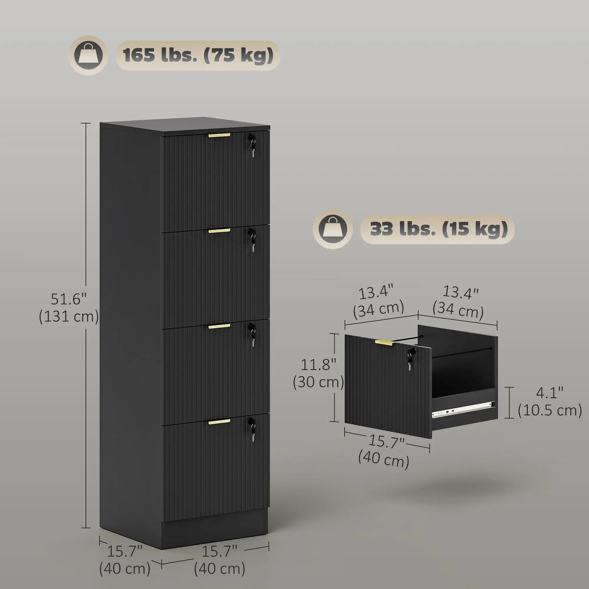 Lockable 4 Drawer Filing Cabinet, Adjustable Hanging Rails, Black Office Cabinets & Cupboards at Gallery Canada