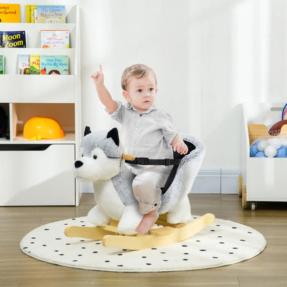Kids Rocking Horse, Husky Plush Ride on Toy, Wooden Base, Seat Belt, 18-36 Months, Grey Rocking Horses at Gallery Canada