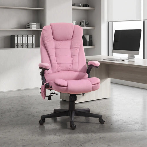 Reclining Massage Office Chair, High Back, Swivel Wheels, Pink