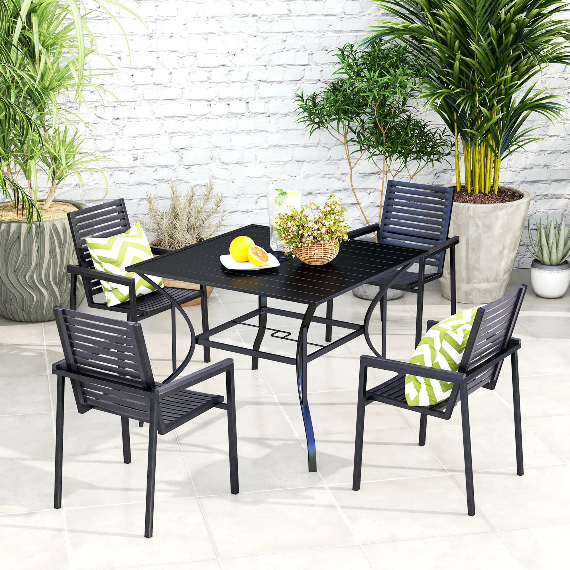 Outdoor Dining Table for Four, Square Garden Table with Slatted Metal Top, Black Patio Dinning Tables at Gallery Canada