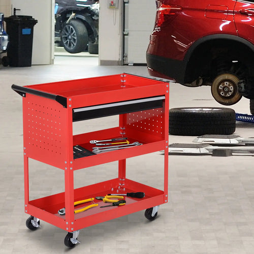 Tool Cart on Wheels, Ball Bearing Drawer, Storage Trays, Red