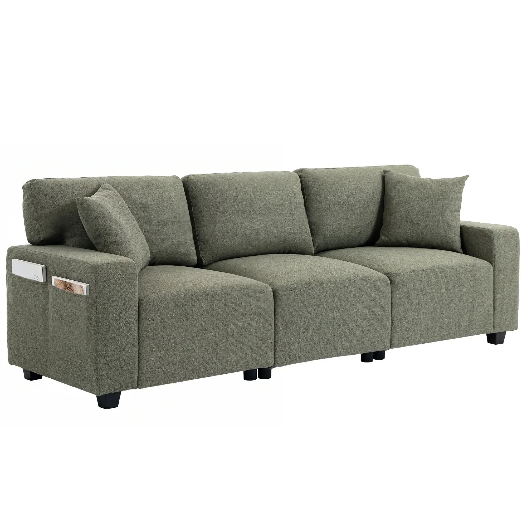 3 Seater Sofa With Storage Pockets, Modern Upholstered Couch, Green 3-Seater Sofas at Gallery Canada
