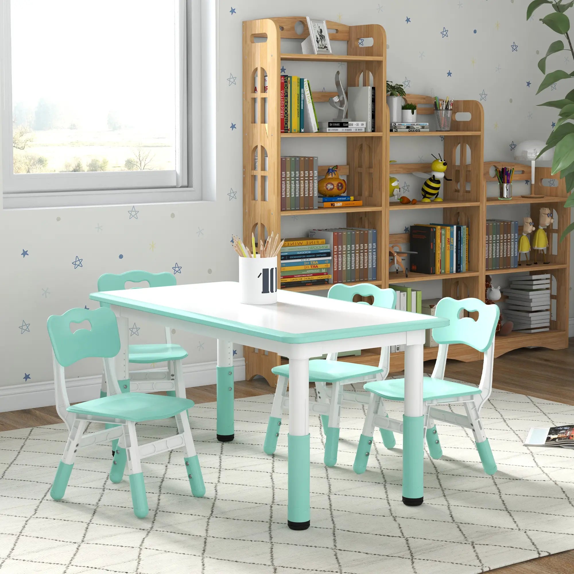 Kids Table and Chair Set, 4 Chairs, Adjustable Height, 1.5 - 5 Years, Green Kids Table Sets at Gallery Canada