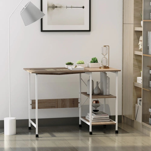 Folding Computer Desk With Storage Shelves, 6 Wheels, Natural