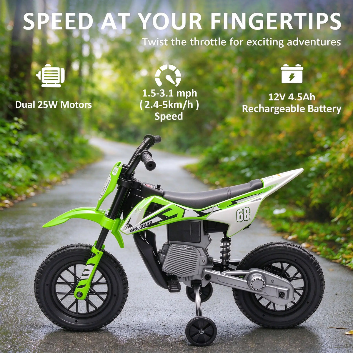 12V Kids Dirt Bike, Electric Motorcycle, Training Wheels, Green Electric Motorcycles at Gallery Canada