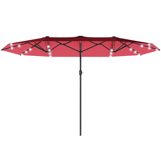 173.2" Double-Sided Sun Umbrella, LED Solar Light, No Base, Wine Red