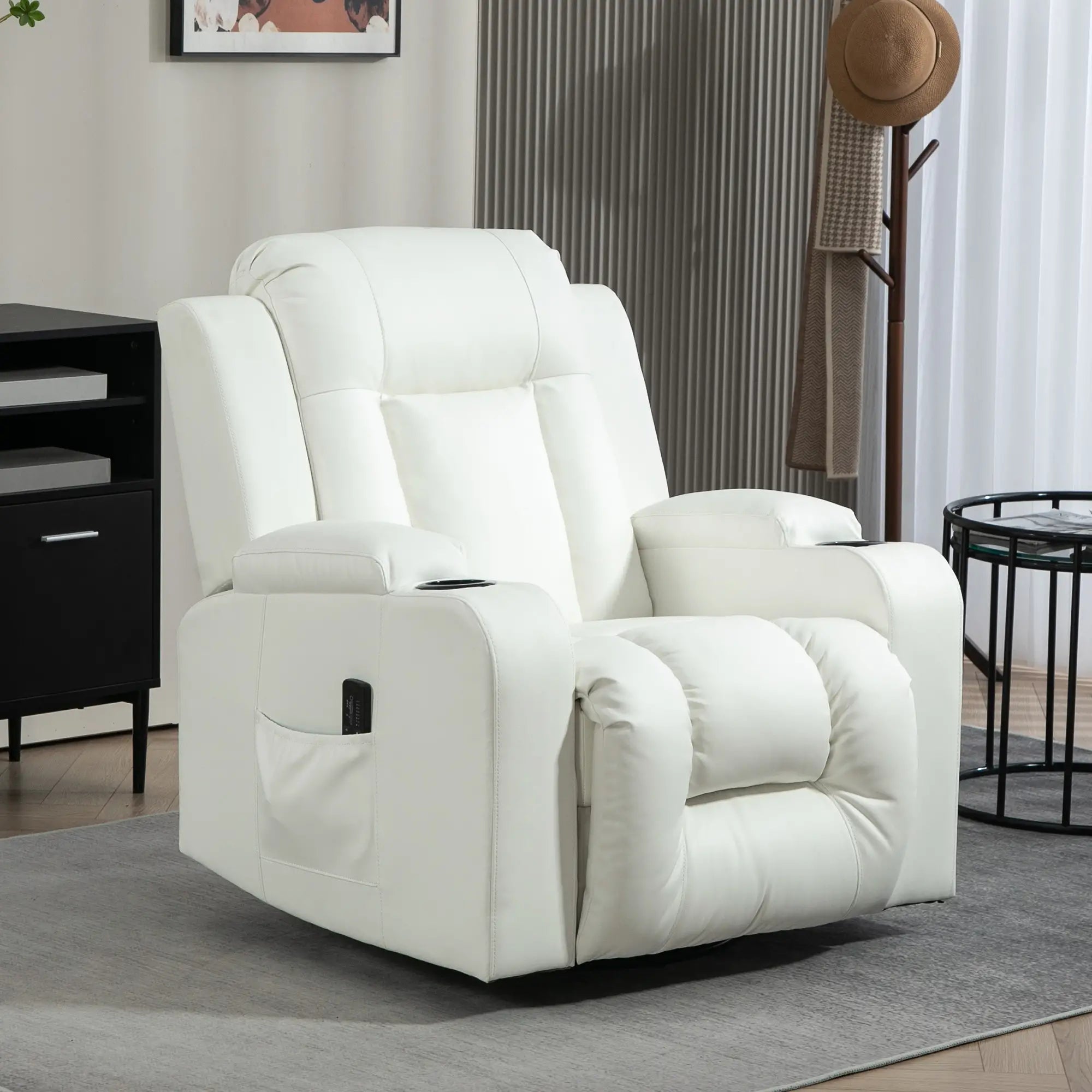 Swivel Massage Recliner Chair, Manual Rocker, PU Leather, Cream White Single Sofas at Gallery Canada