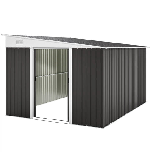 11' x 9' Steel Garden Storage Shed, Outdoor Metal Tool House, Dark Grey