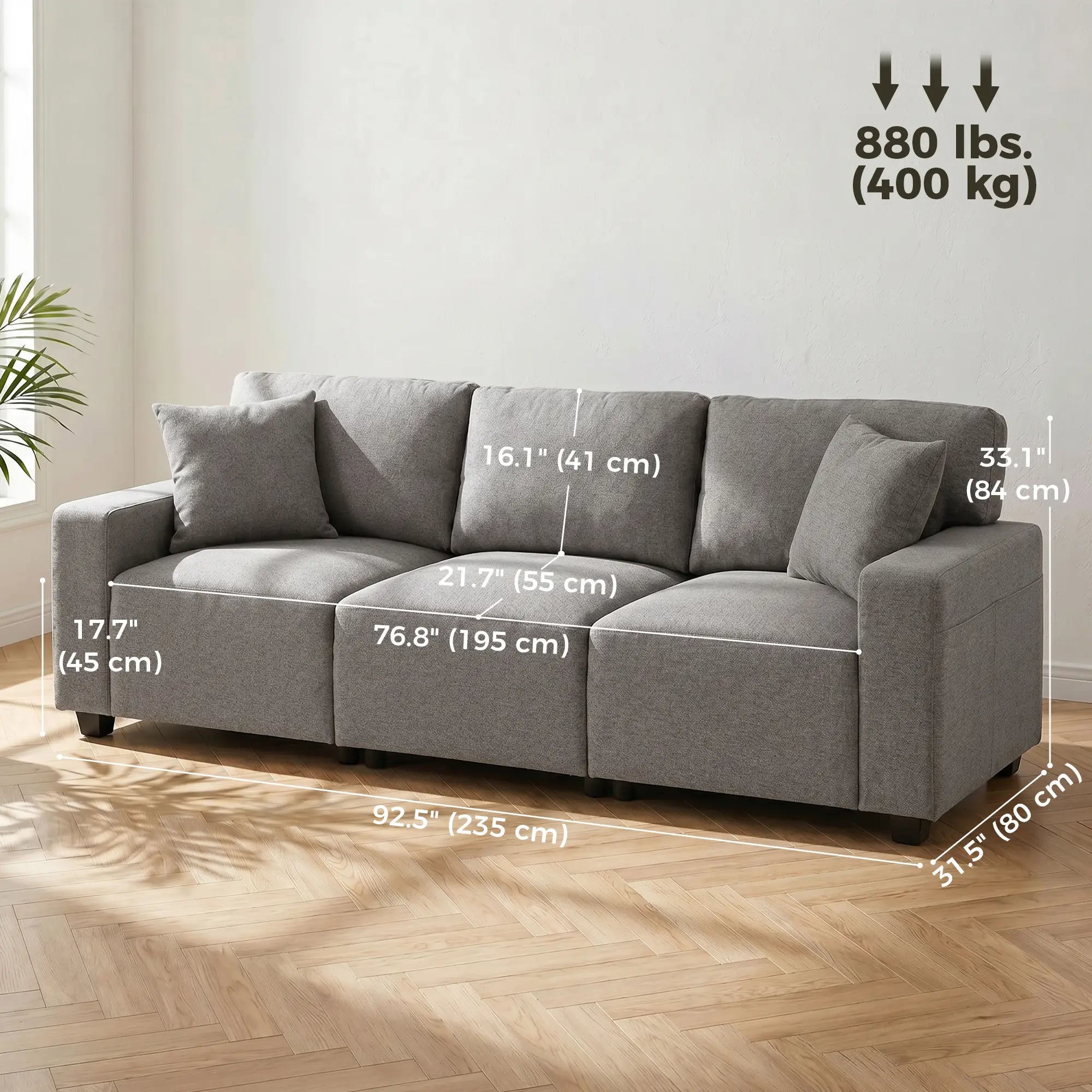 3-Seater Sofa With Storage Pockets, Grey 3-Seater Sofas at Gallery Canada