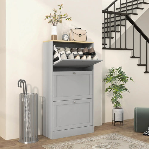 Modern Shoe Storage, 3 Flip Drawers, Adjustable Shelves, 18 Pairs, Grey