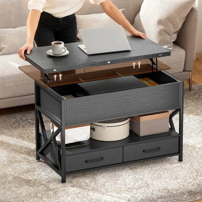 Modern Lift Top Coffee Table, Fabric Drawers, Hidden Storage, Distressed Black Coffee Tables at Gallery Canada