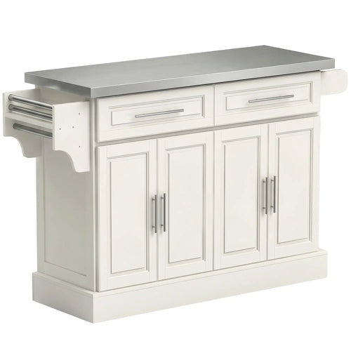 Rolling Kitchen Island with Storage, Stainless Steel Top, Drawers, Cream