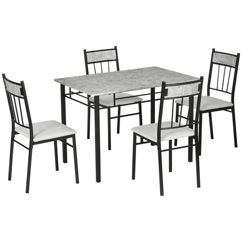 5-Piece Dining Set, Marble Tabletop, Padded Chairs, Metal Frame, Grey