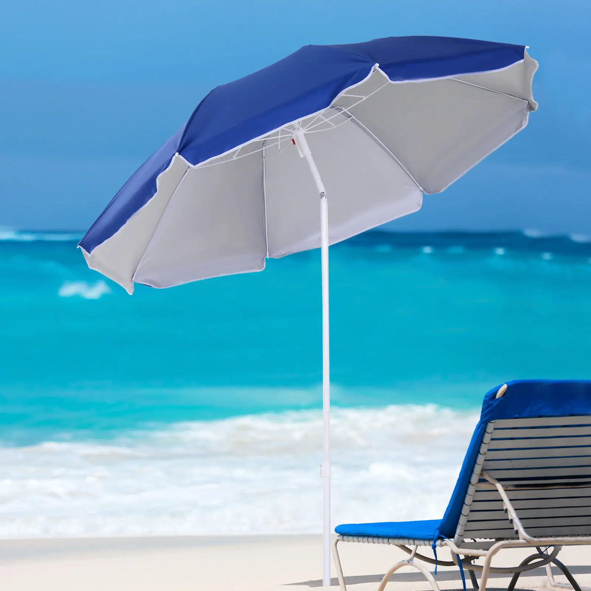 6.7ft Beach Umbrella, Push Button Tilt, Ruffled, Blue Beach Umbrellas at Gallery Canada