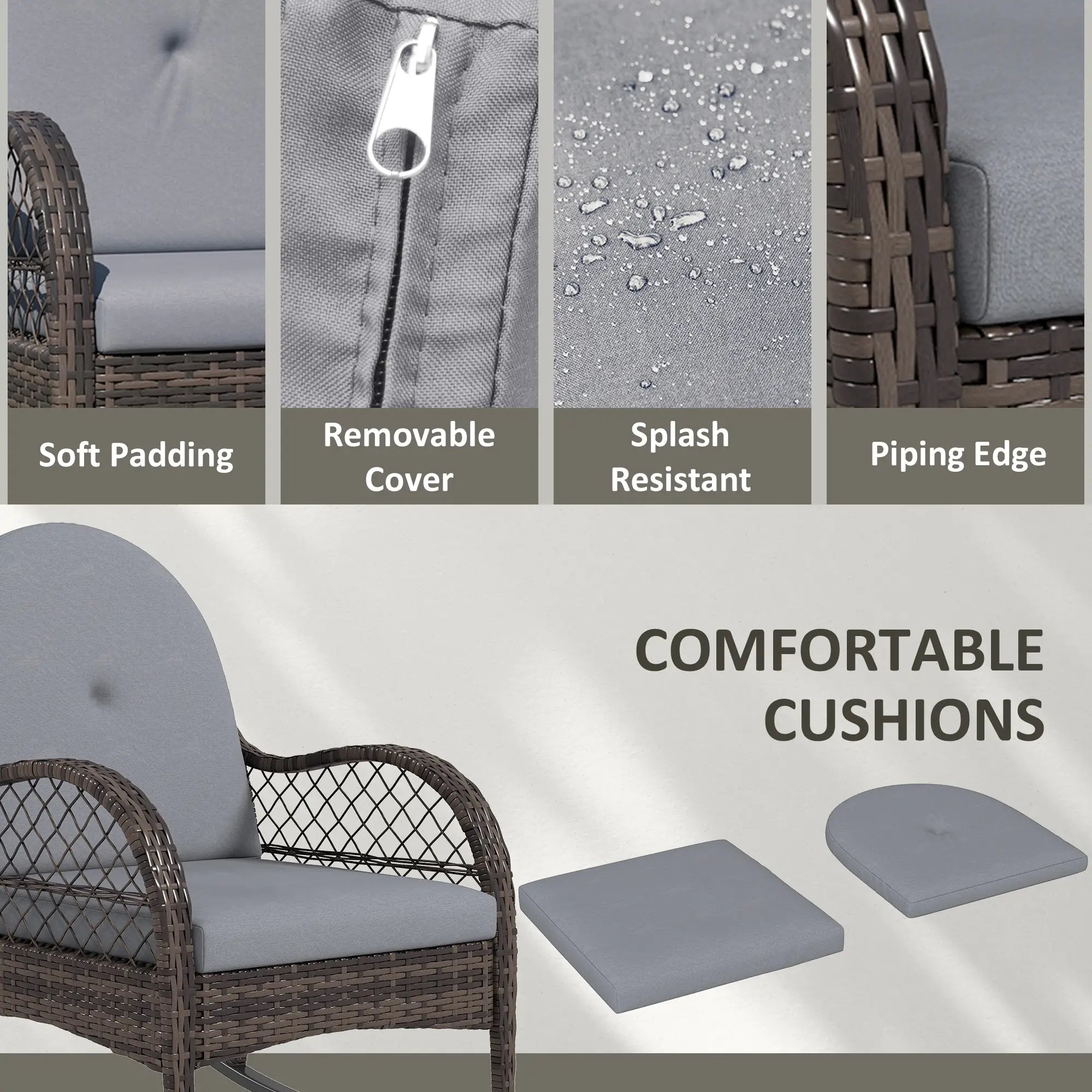 2 Wicker Rocking Patio Chairs, Indoor Outdoor Set with Cushions, Grey Outdoor Rocking Chairs at Gallery Canada