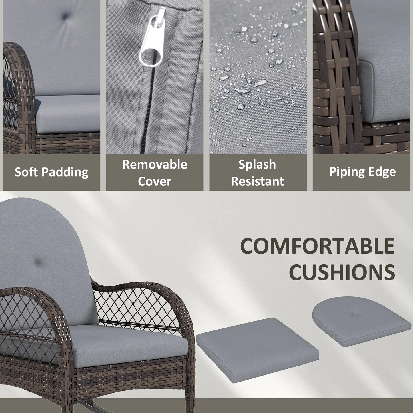 2 Wicker Rocking Patio Chairs, Indoor Outdoor Set with Cushions, Grey Outdoor Rocking Chairs at Gallery Canada