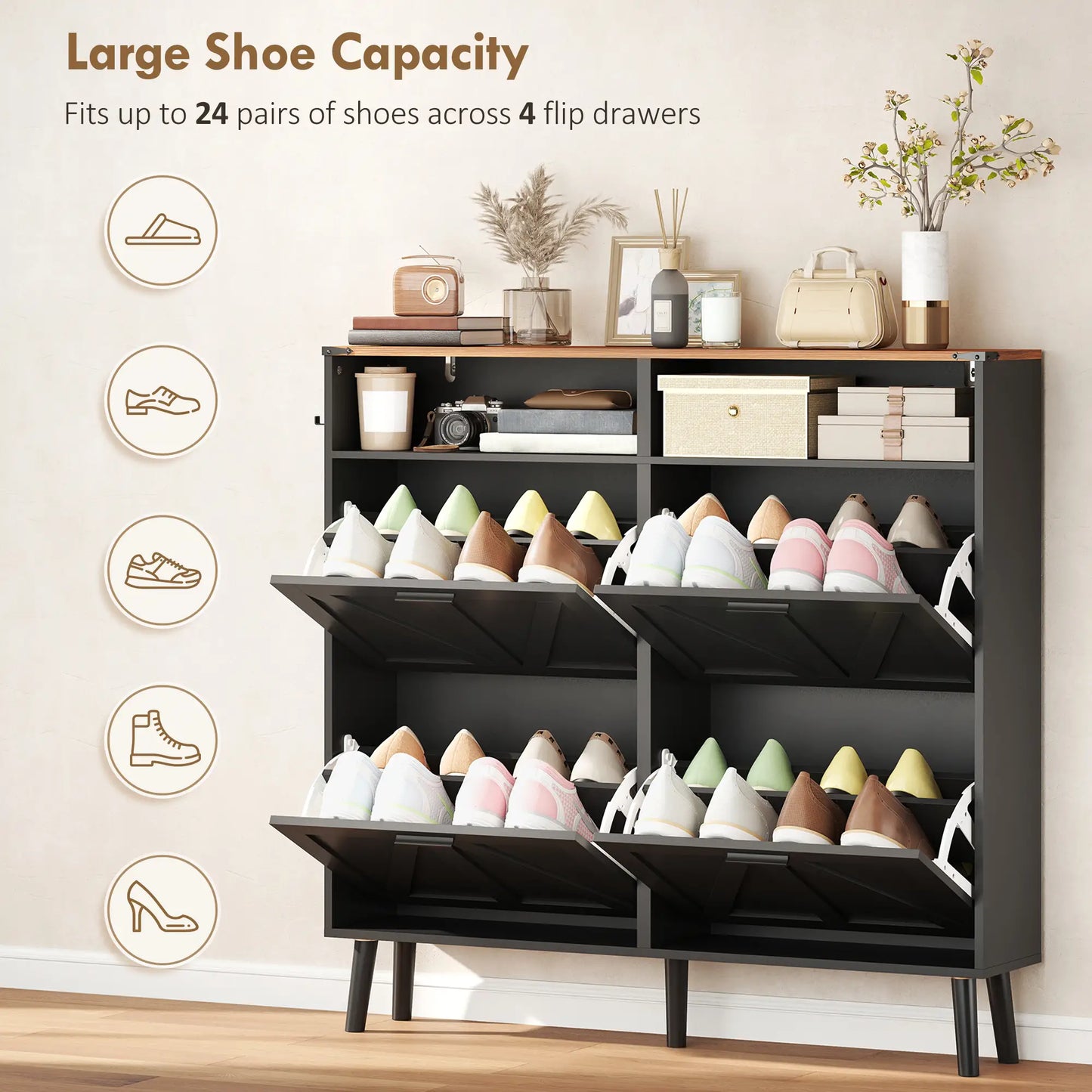 Shoe Storage Cabinet, 4 Flip Drawers, Farmhouse Narrow, Black Shoe Storage Cabinets & Racks at Gallery Canada