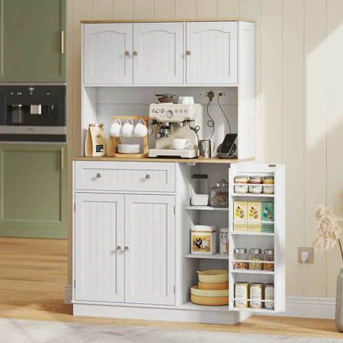 68 Inch Pantry Cabinet with Charging Station, Microwave Stand, 4 Door Racks, White