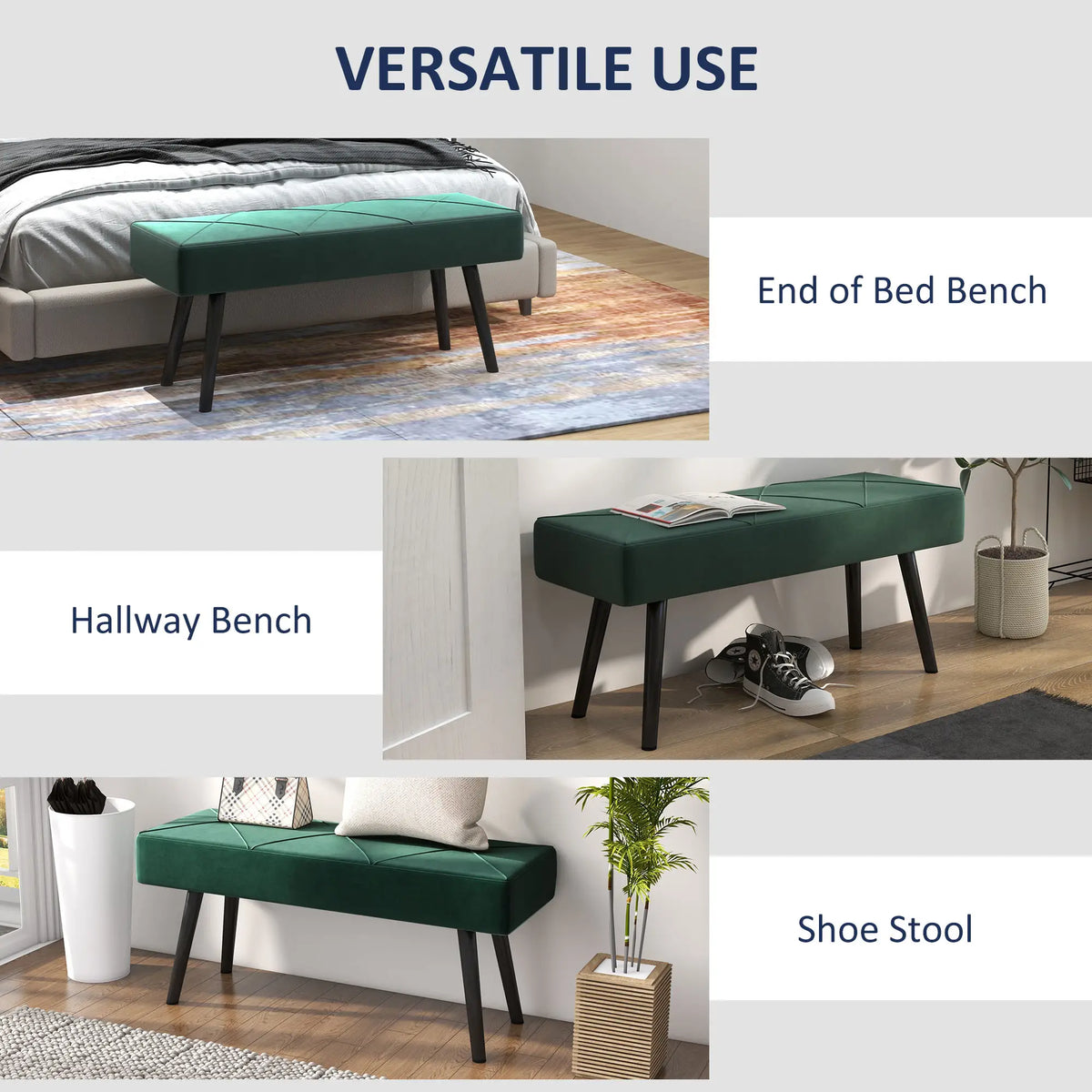 39 Inches Upholstered Bed Bench, Modern Steel Legs, Green Storage Ottomans & Benches at Gallery Canada