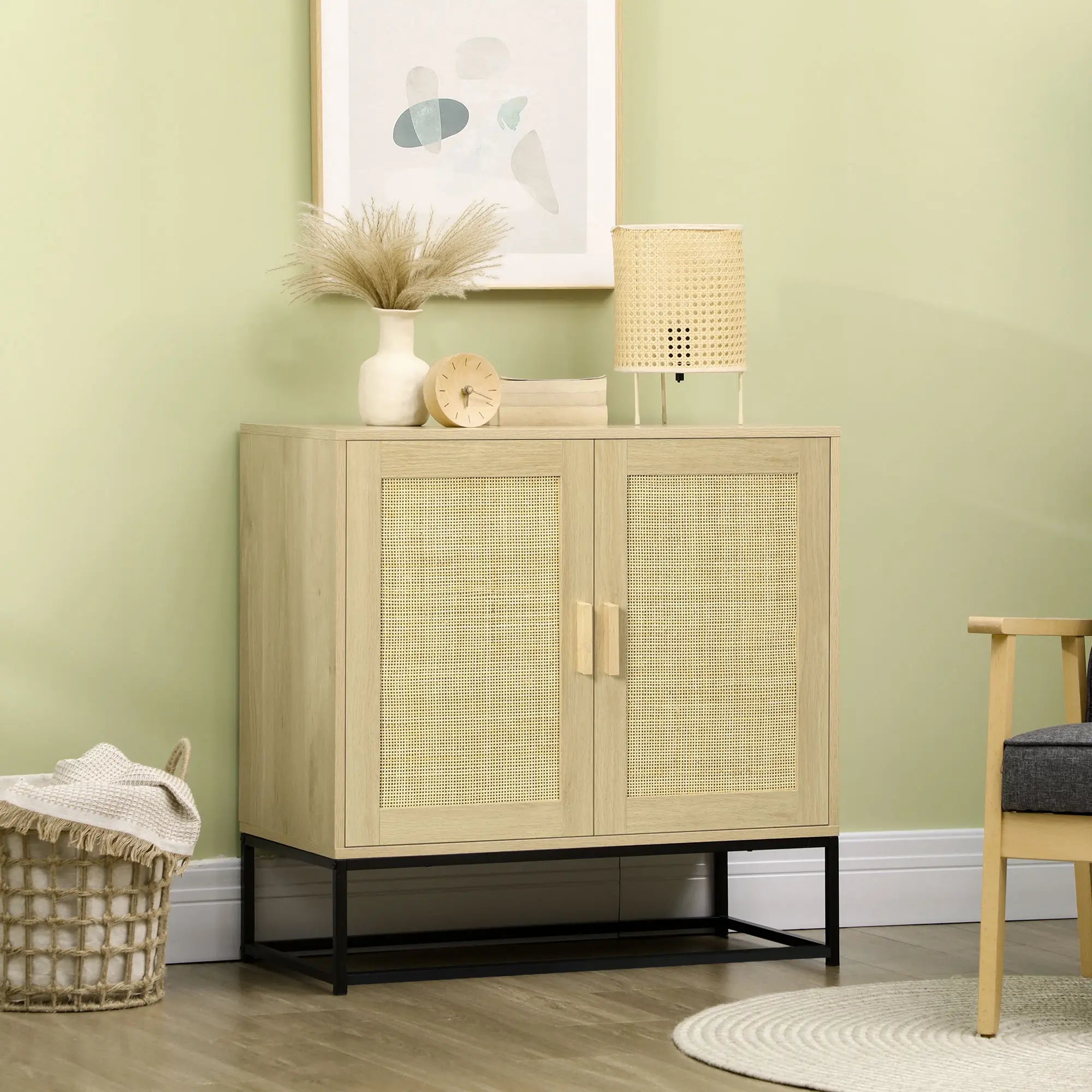 Wood Sideboard Cabinet, 2 Rattan Doors, Adjustable Shelf, Steel Legs Bar Cabinets at Gallery Canada