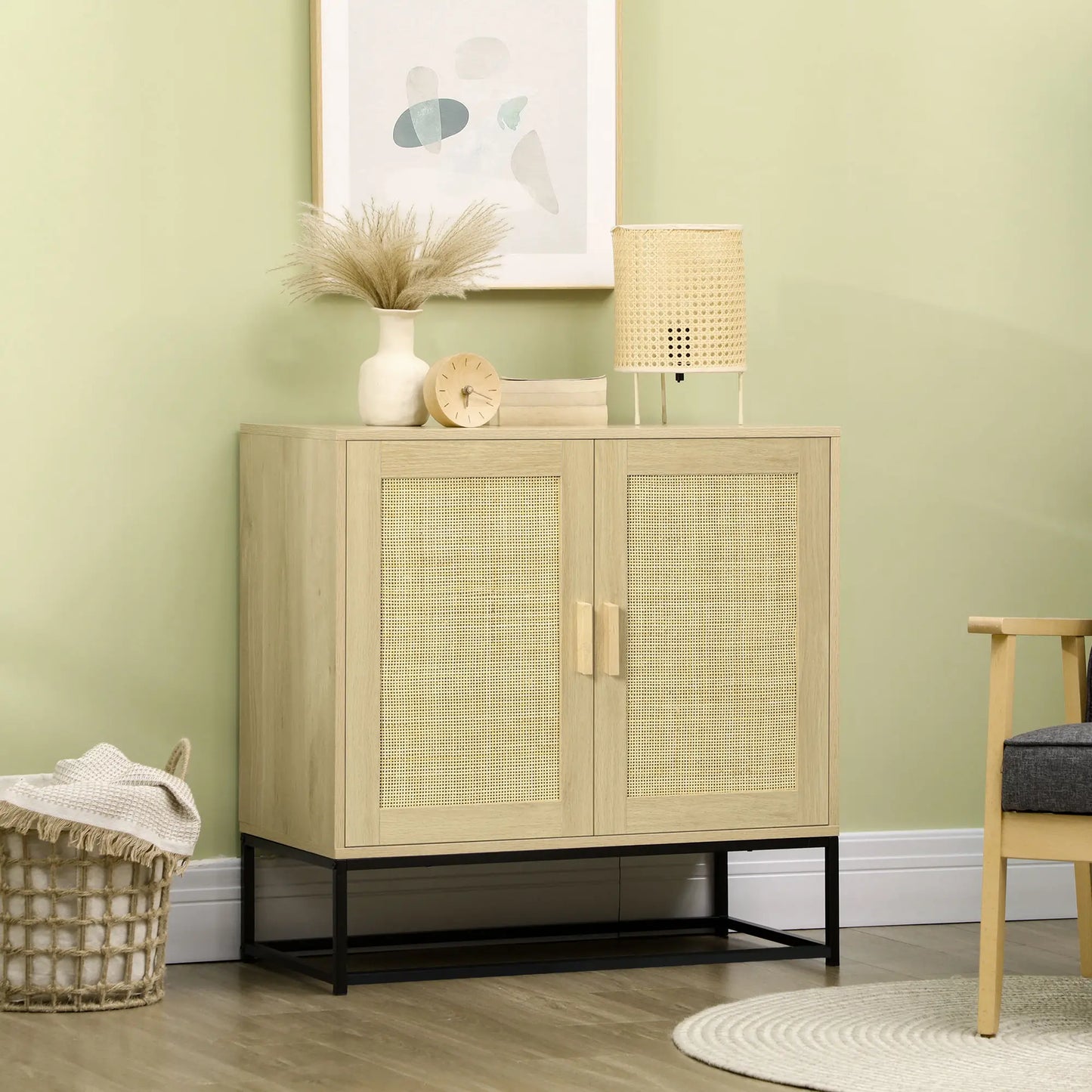 Wood Sideboard Cabinet, 2 Rattan Doors, Adjustable Shelf, Steel Legs Bar Cabinets at Gallery Canada