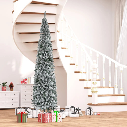 9ft Flocked Pencil Christmas Tree, Realistic Branch Tips, Green