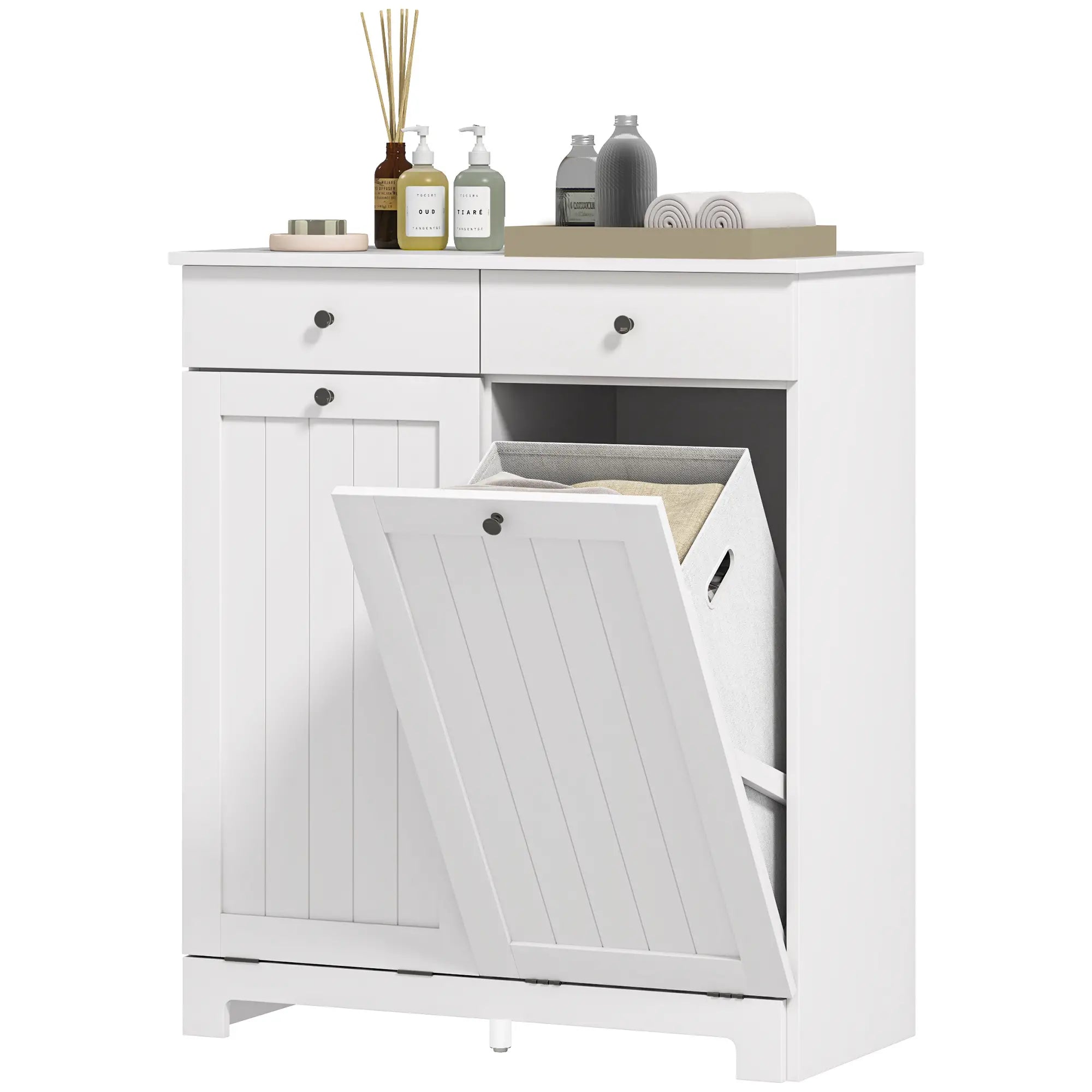 Laundry Cabinet, Tilt Out Hamper with 2 Baskets, 2 Drawers, White Bathroom Cabinets White at Gallery Canada