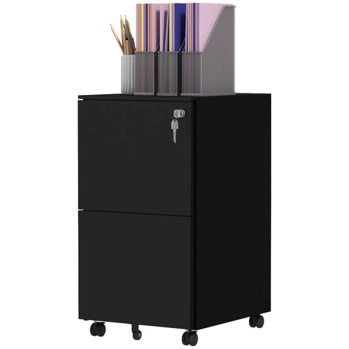 2-Drawer Steel Filing Cabinet on Wheels, Lockable, Adjustable Hanging Bar, Black